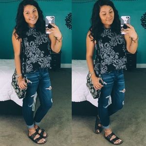 Black and white printed halter tank top